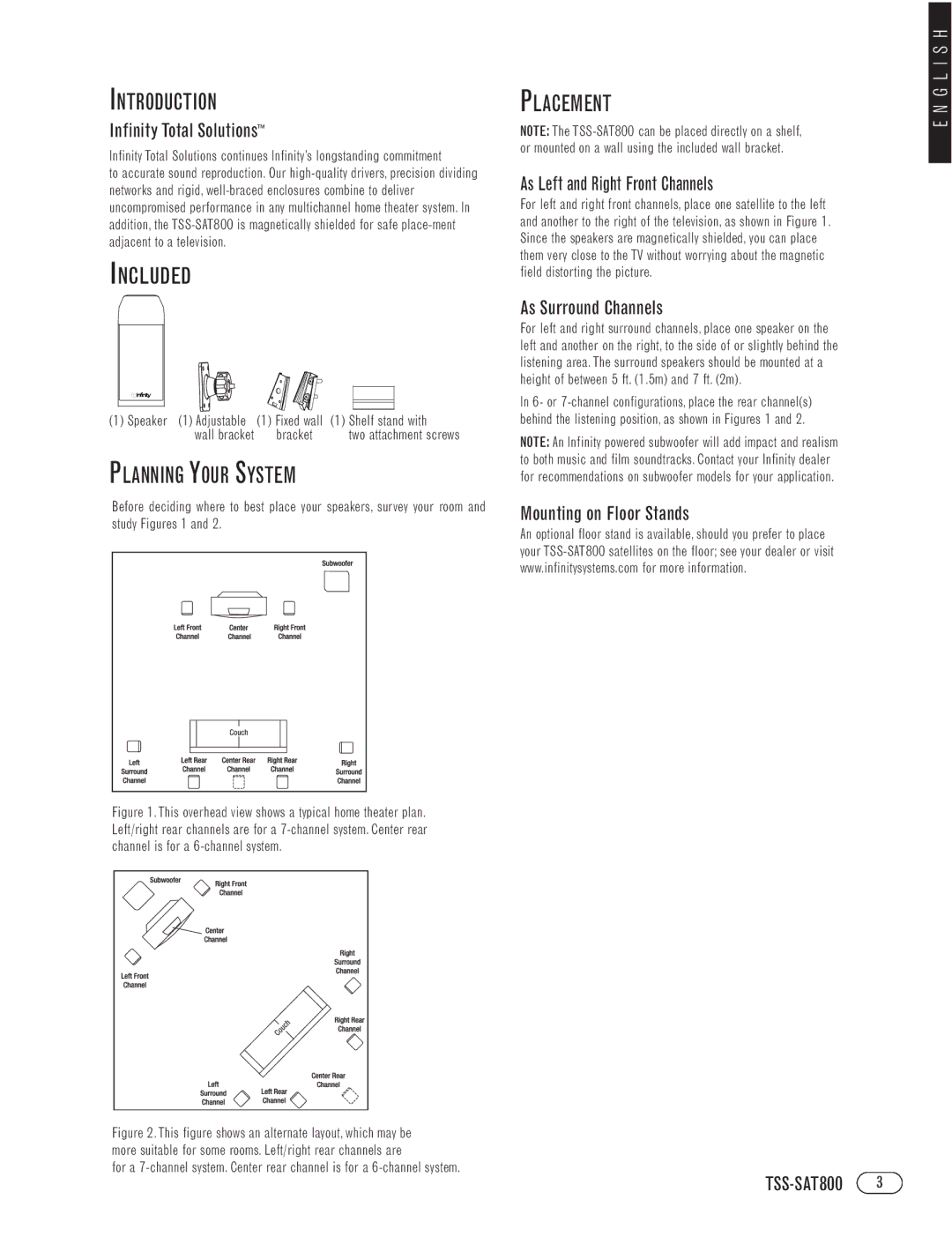 Infinity TSS-SAT800 manual Introduction, Included, Planning Your System, Placement 