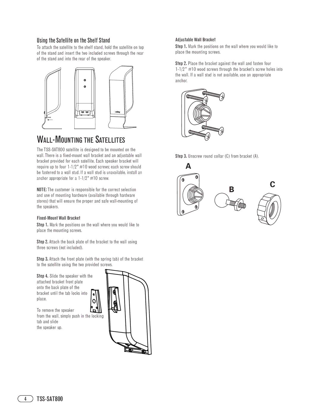 Infinity TSS-SAT800 manual WALL-MOUNTING the Satellites, Using the Satellite on the Shelf Stand 