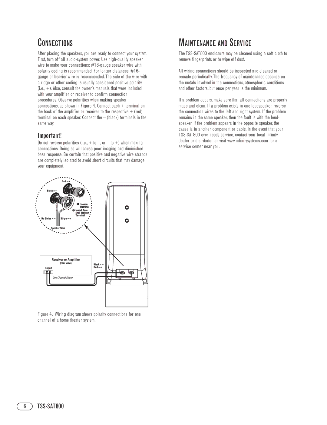 Infinity TSS-SAT800 manual Connections, Maintenance and Service 