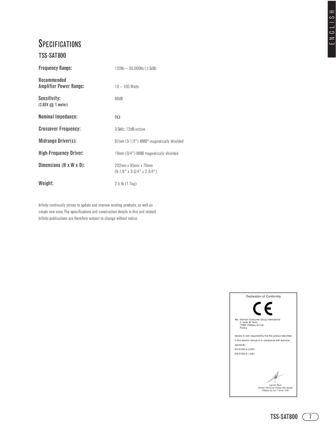 Infinity TSS-SAT800 manual Specifications 