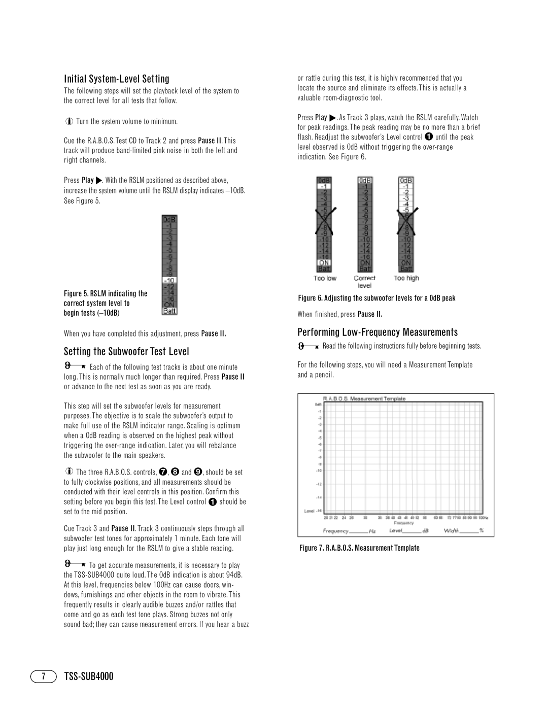 Infinity TSS-SUB4000 Initial System-Level Setting, Setting the Subwoofer Test Level, Performing Low-Frequency Measurements 