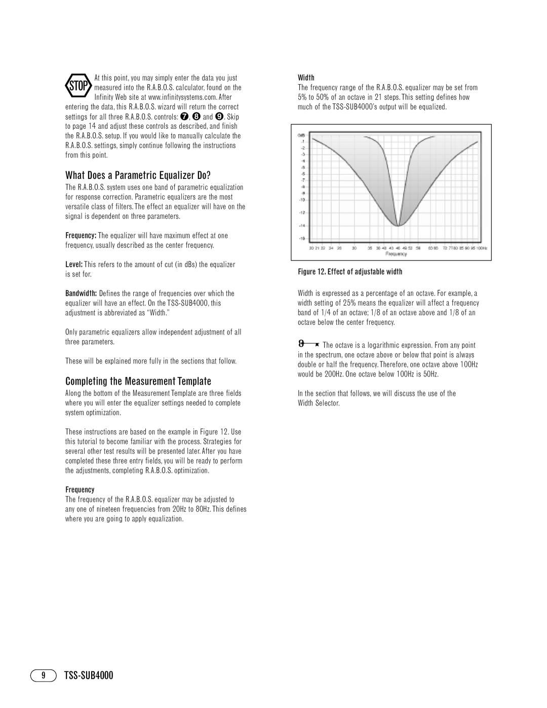 Infinity TSS-SUB4000 manual What Does a Parametric Equalizer Do?, Completing the Measurement Template, Frequency, Width 