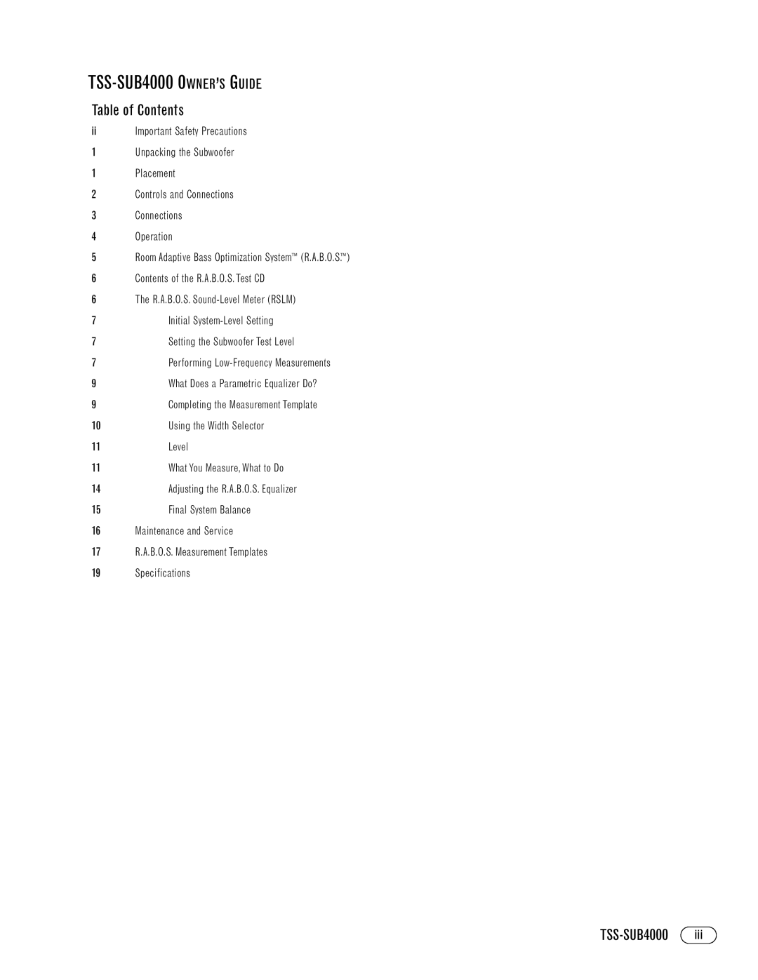 Infinity TSS-SUB4000 manual Table of Contents 