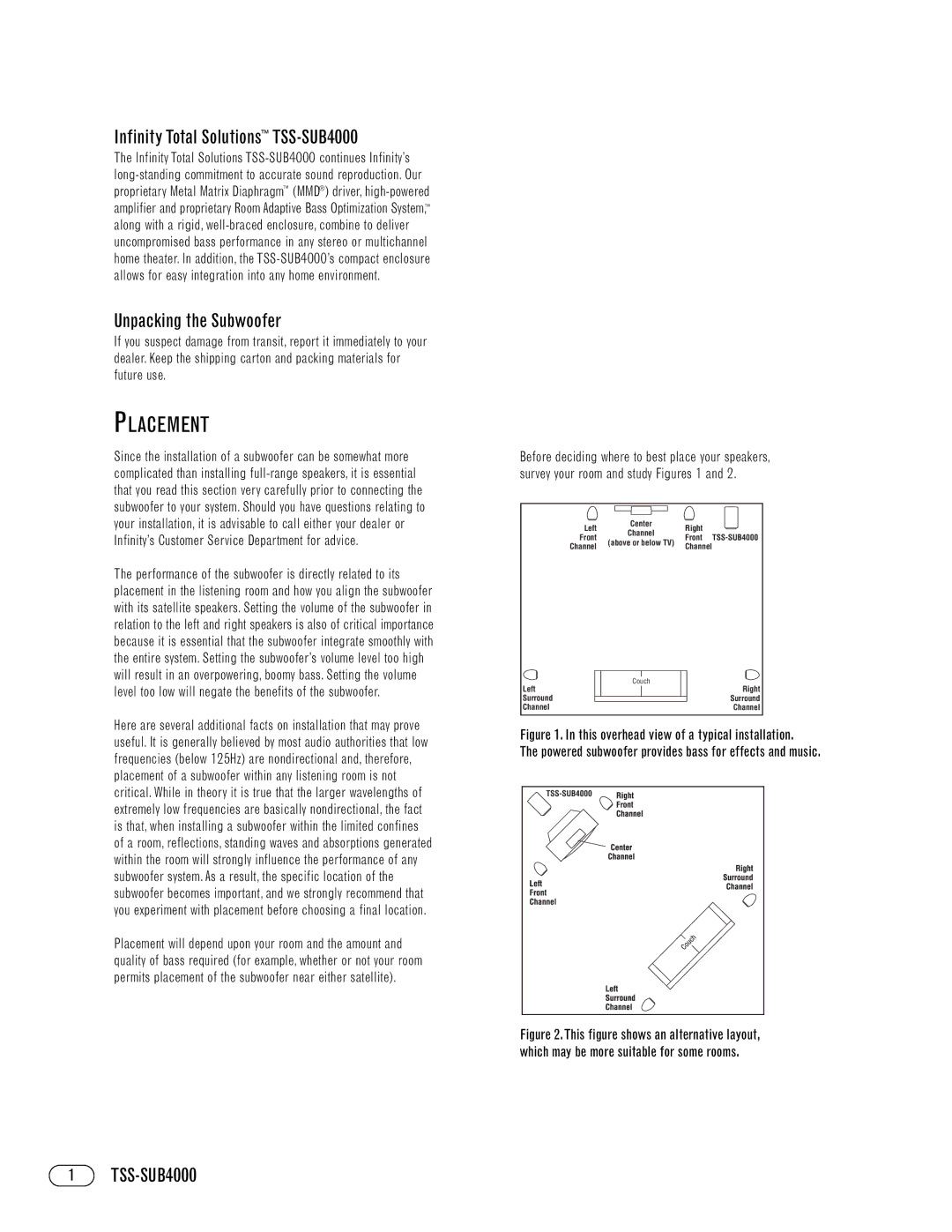 Infinity manual Placement, Infinity Total Solutions TSS-SUB4000, Unpacking the Subwoofer 