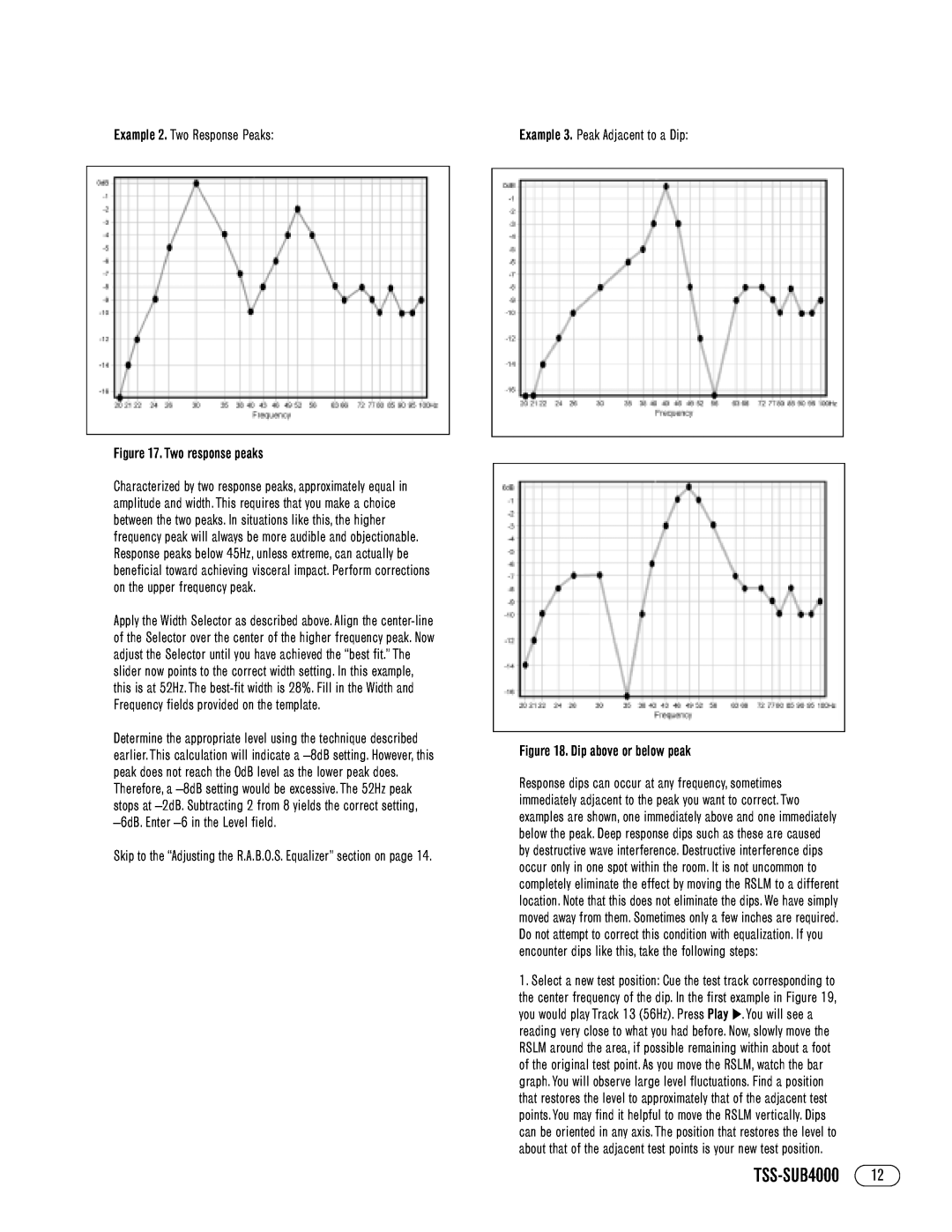 Infinity TSS-SUB4000 manual Example 2. Two Response Peaks, Two response peaks, Example 3. Peak Adjacent to a Dip 