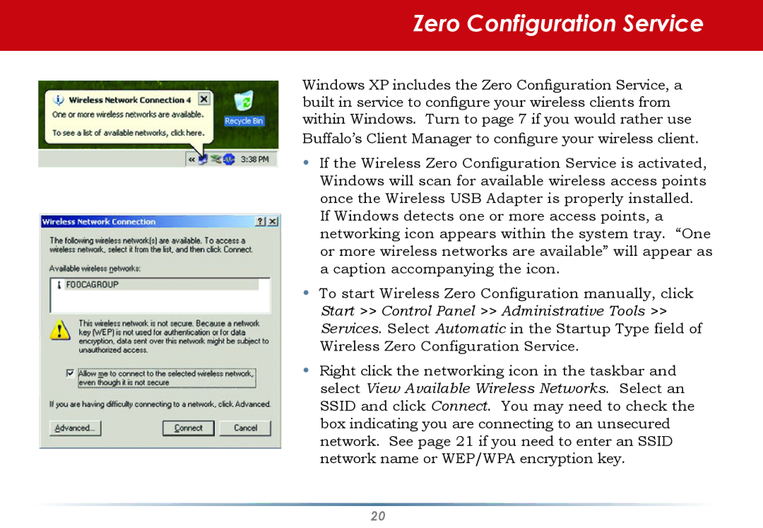 Infinity WLI-U2-G300N user manual Zero Configuration Service, Buffalo’s Client Manager to configure your wireless client 