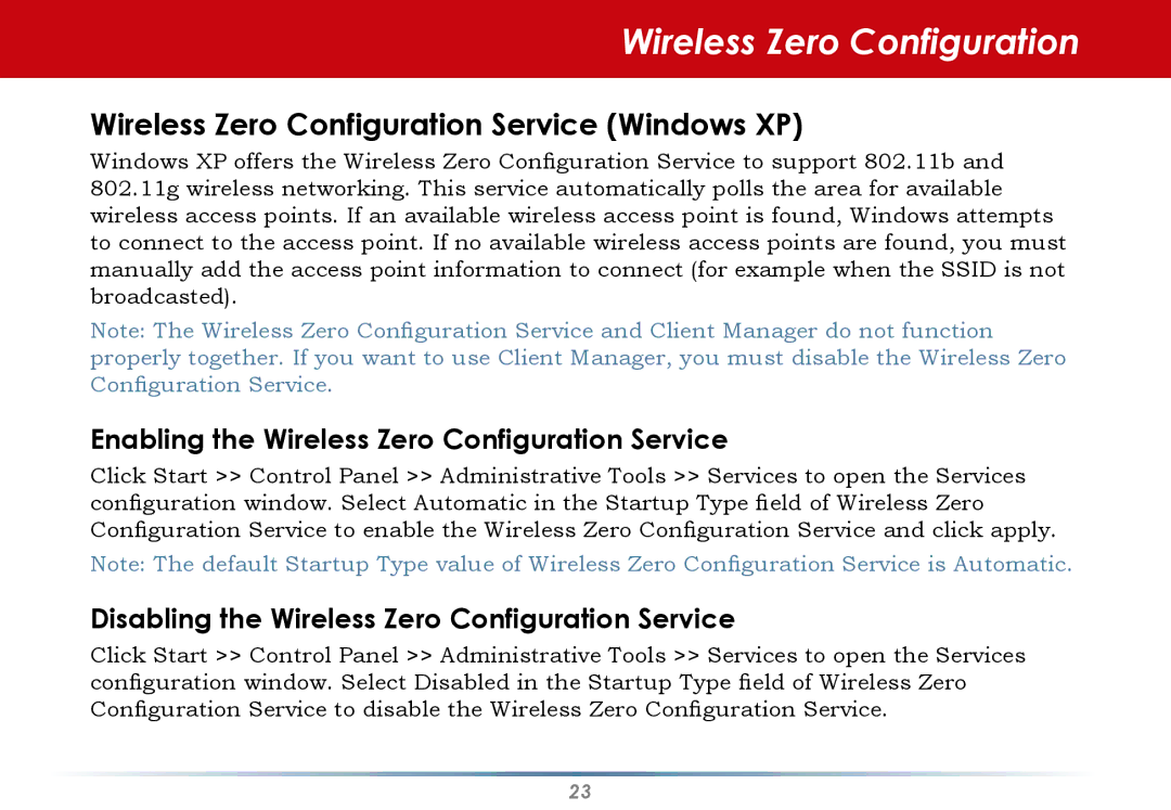 Infinity WLI-U2-G300N user manual Wireless Zero Configuration Service Windows XP 