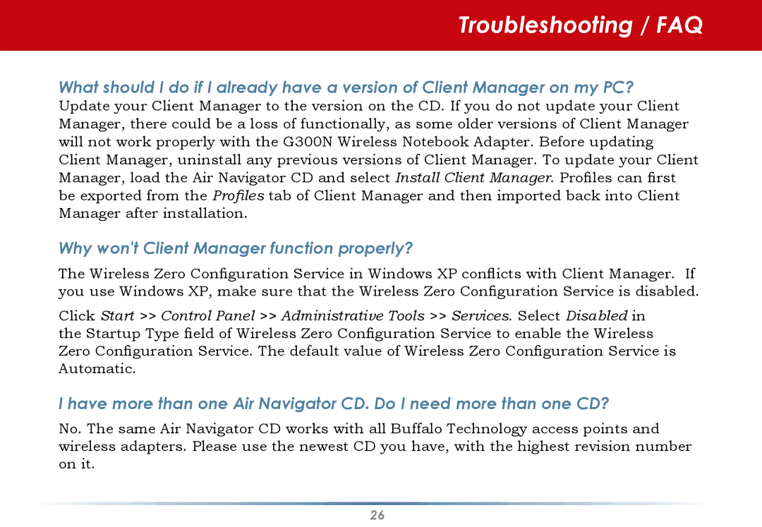 Infinity WLI-U2-G300N user manual Troubleshooting / FAQ, Why wont Client Manager function properly? 