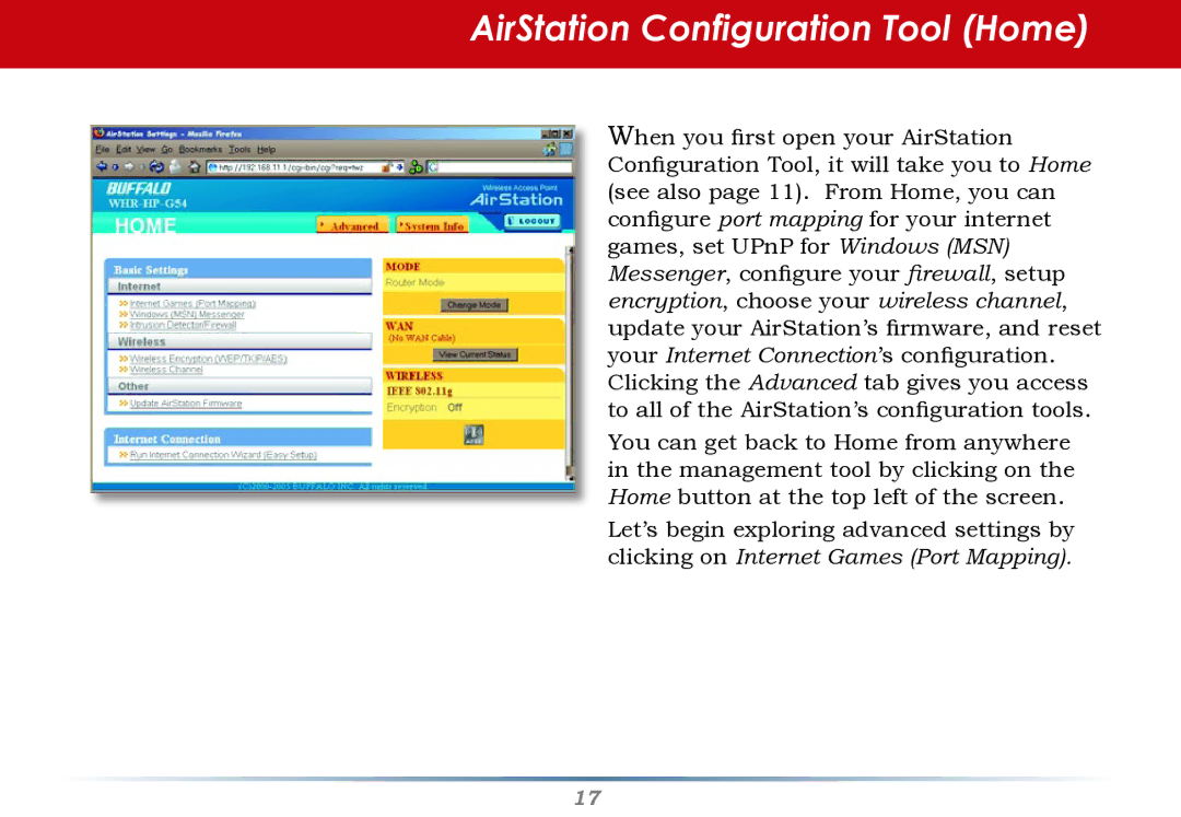 Infinity WZR-G300N user manual AirStation Configuration Tool Home 