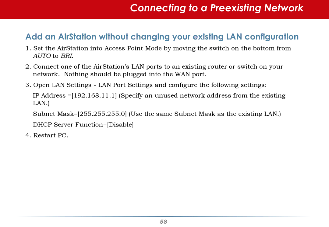 Infinity WZR-G300N user manual Connecting to a Preexisting Network, Auto to BRI 