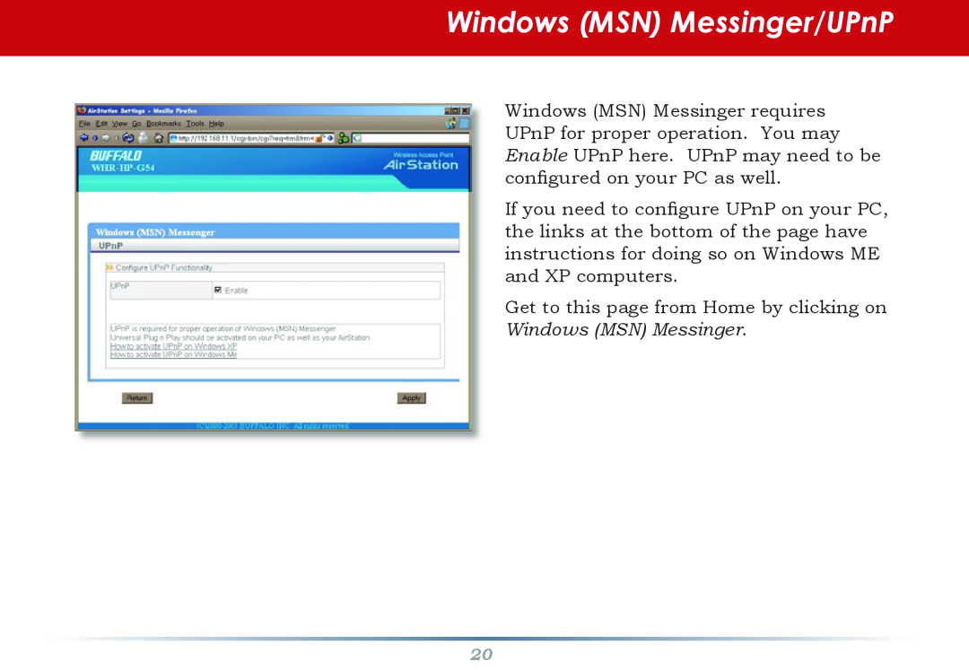 Infinity WZR-G300N user manual Windows MSN Messinger/UPnP, Get to this page from Home by clicking on Windows MSN Messinger 