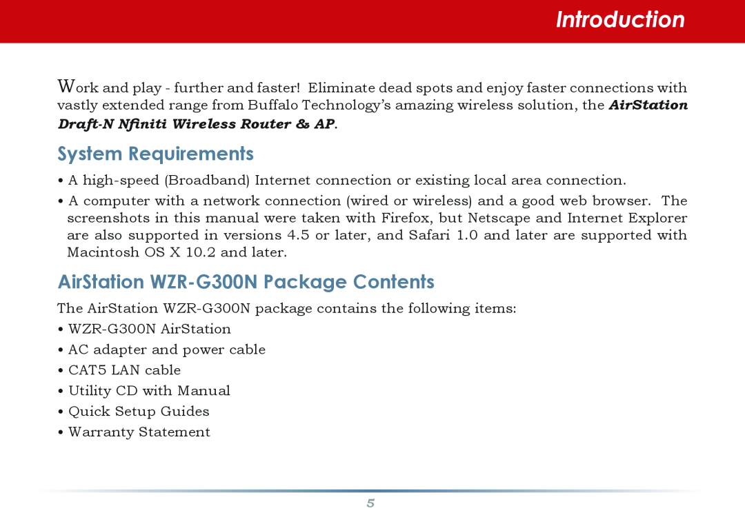 Infinity Introduction, System Requirements, AirStation WZR-G300N Package Contents, Draft-N Nfiniti Wireless Router & AP 