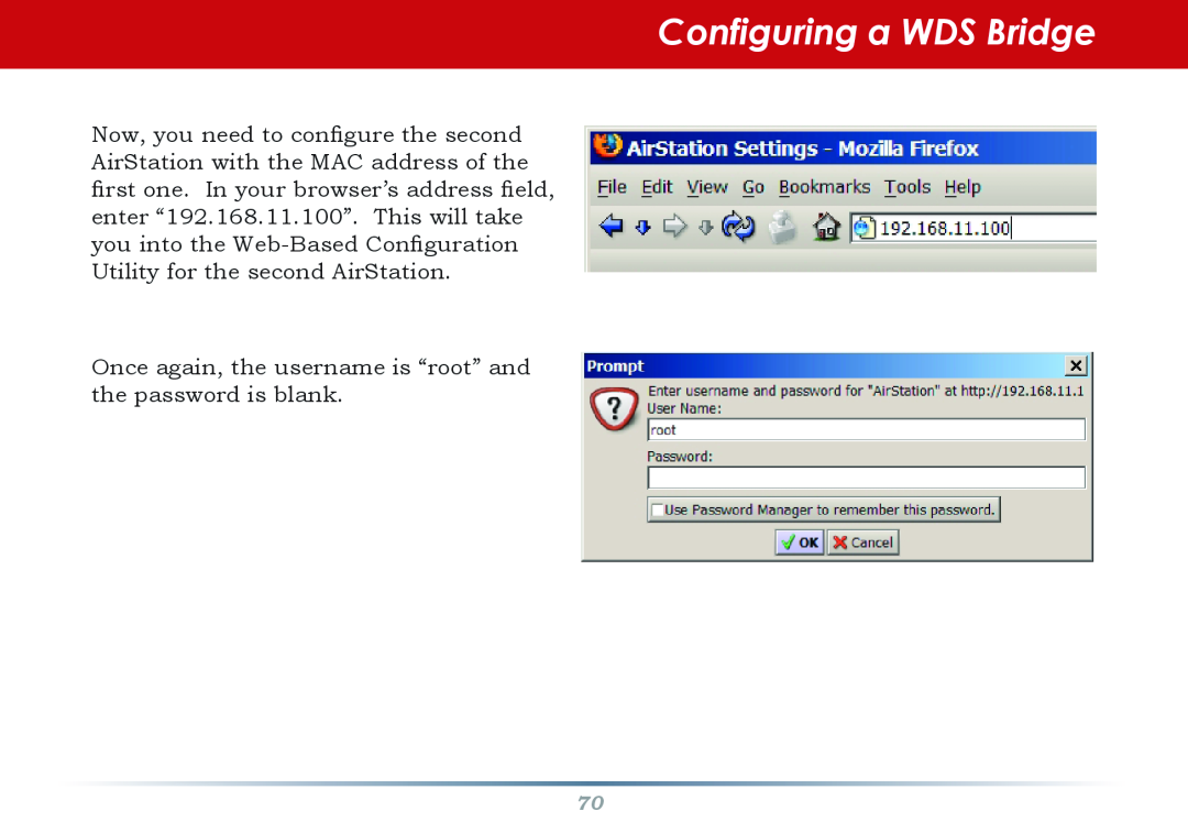 Infinity WZR-G300N user manual Configuring a WDS Bridge, Once again, the username is “root” and the password is blank 