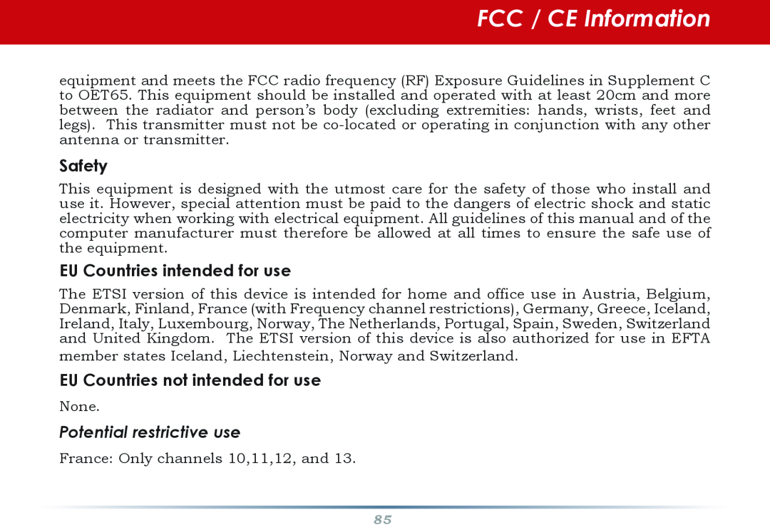 Infinity WZR-G300N FCC / CE Information, Safety, EU Countries intended for use, EU Countries not intended for use 
