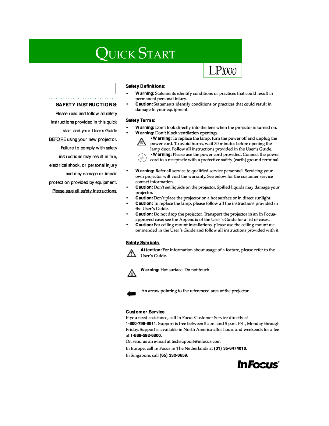 InFocus 1000 quick start Quick Start, Safety Definitions, Safety Terms, Safety Symbols, Customer Service 