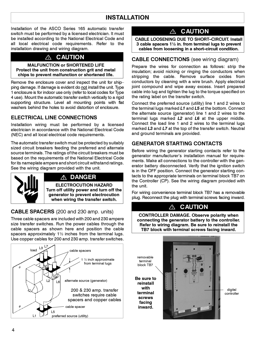 InFocus 165 Installation, Electrical Line Connections, Cable Spacers 200 and 230 amp. units, Generator Starting Contacts 