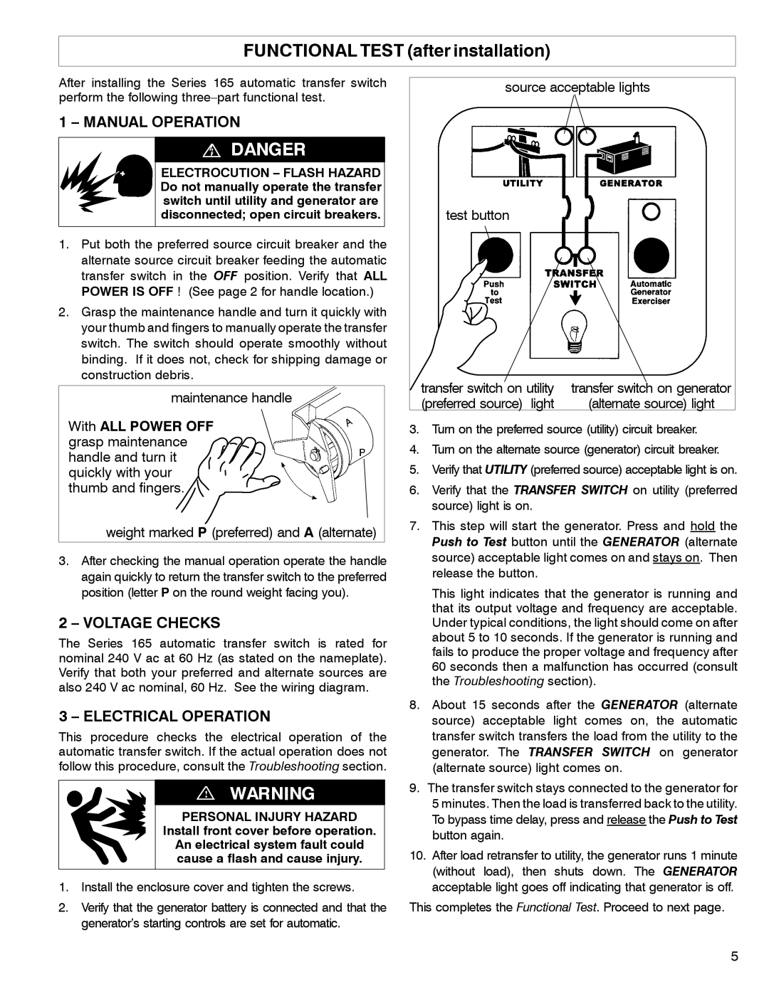 InFocus 165 owner manual Manual Operation, Voltage Checks, Electrical Operation 