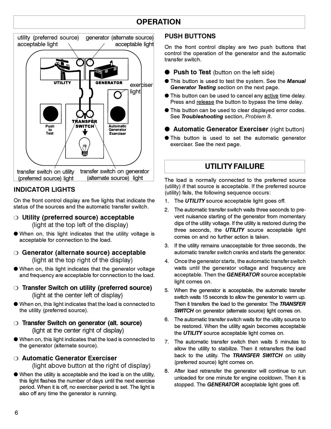 InFocus 165 owner manual Operation, Utility Failure, Indicator Lights, Push Buttons 