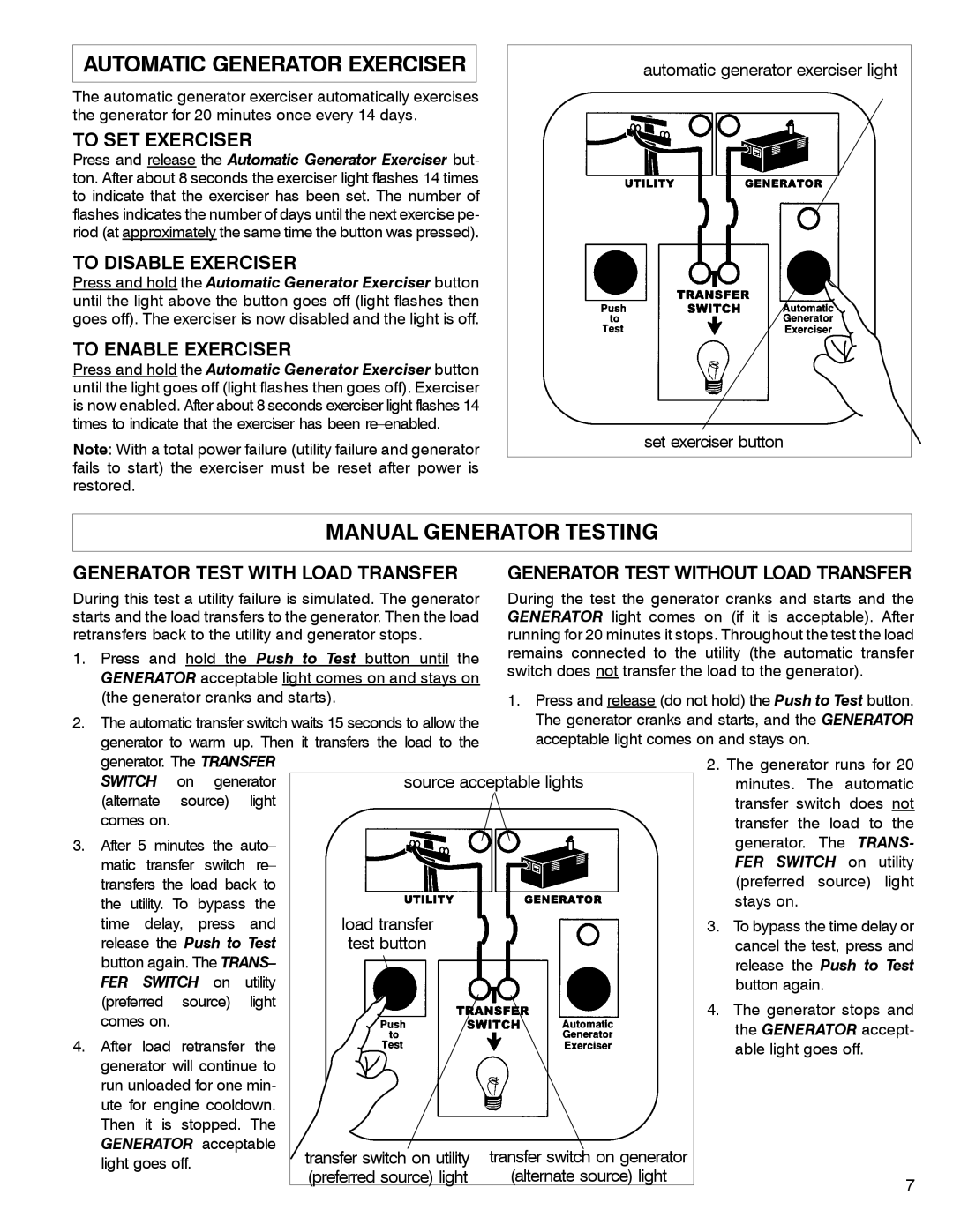 InFocus 165 owner manual Automatic Generator Exerciser, Manual Generator Testing 