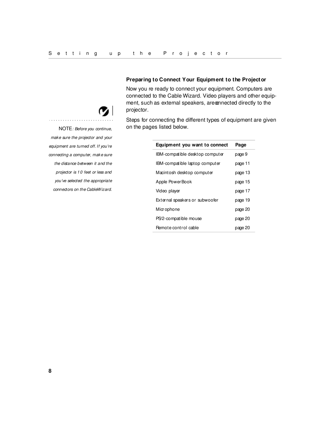 InFocus 210, 220 manual Preparing to Connect Your Equipment to the Projector, Equipment you want to connect 