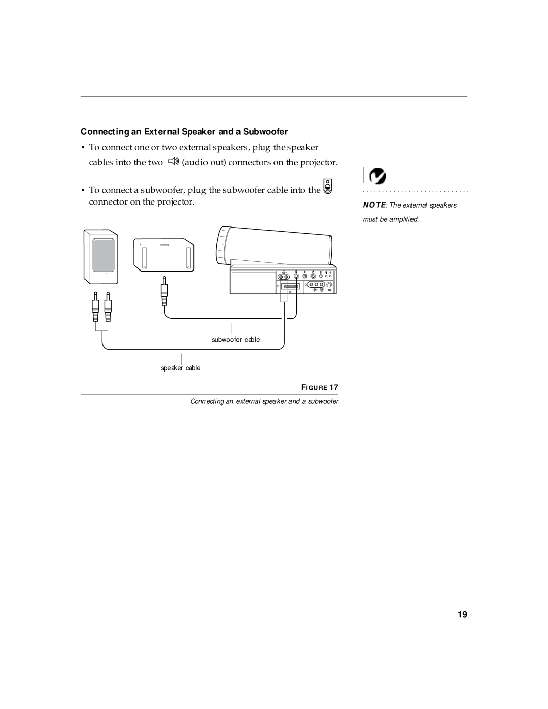 InFocus 220, 210 manual Connecting an External Speaker and a Subwoofer 