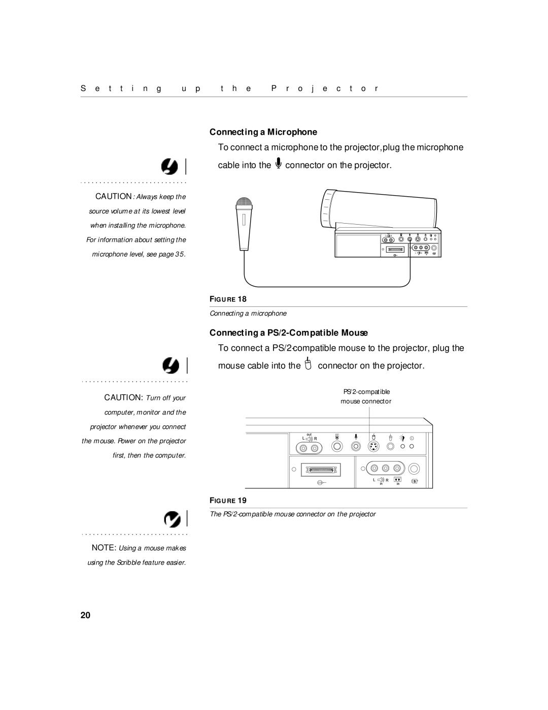 InFocus 210, 220 manual Connecting a Microphone, Connecting a PS/2-Compatible Mouse 