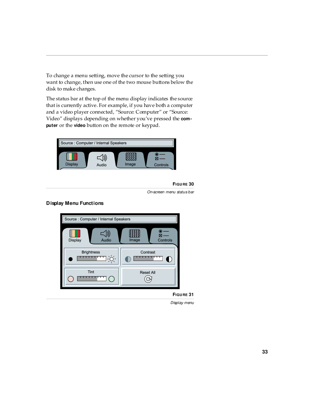 InFocus 220, 210 manual Display Menu Functions 