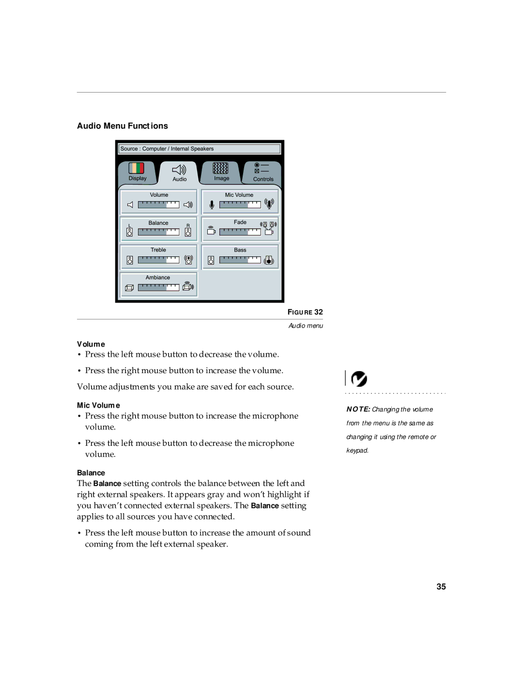 InFocus 220, 210 manual Audio Menu Functions 