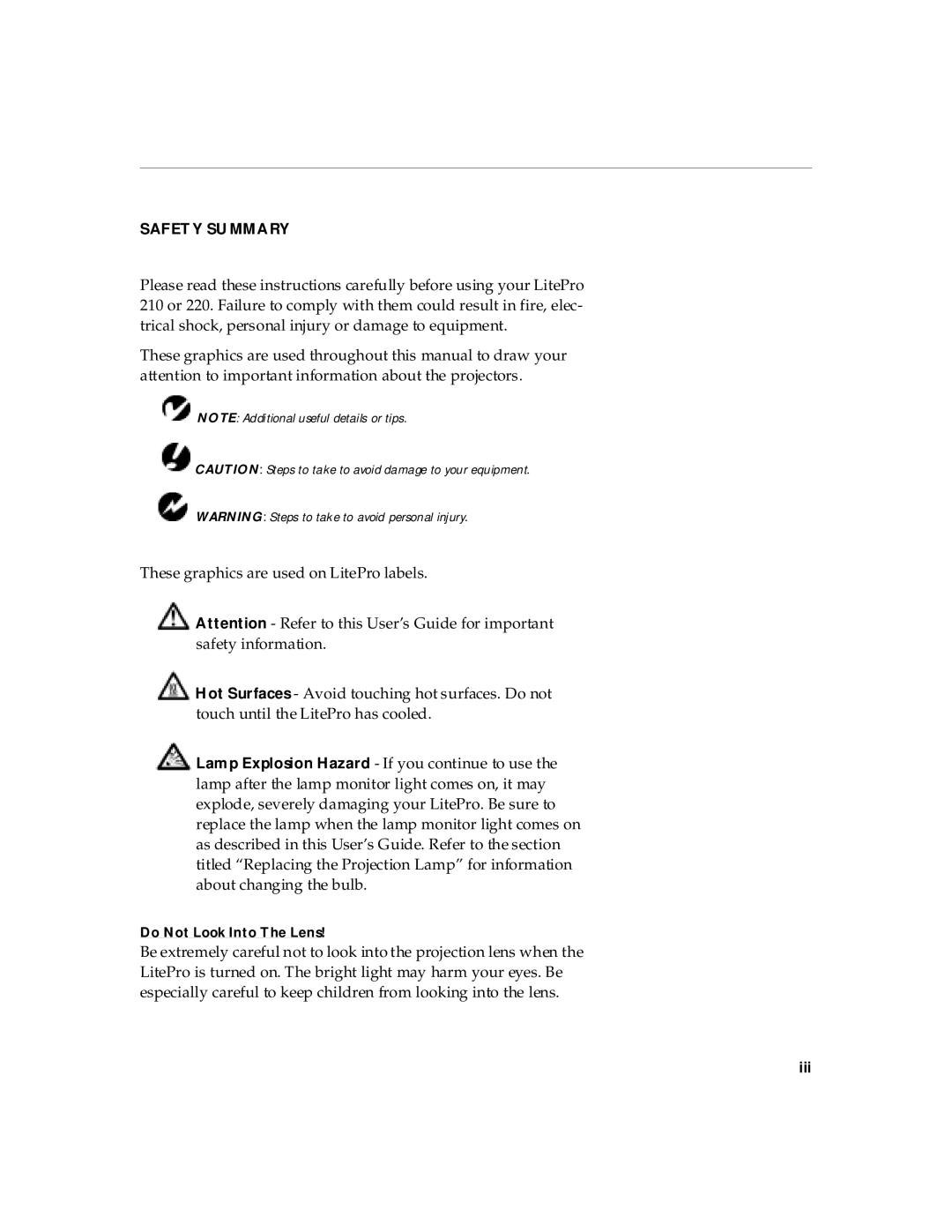 InFocus 210, 220 manual Safety Summary 