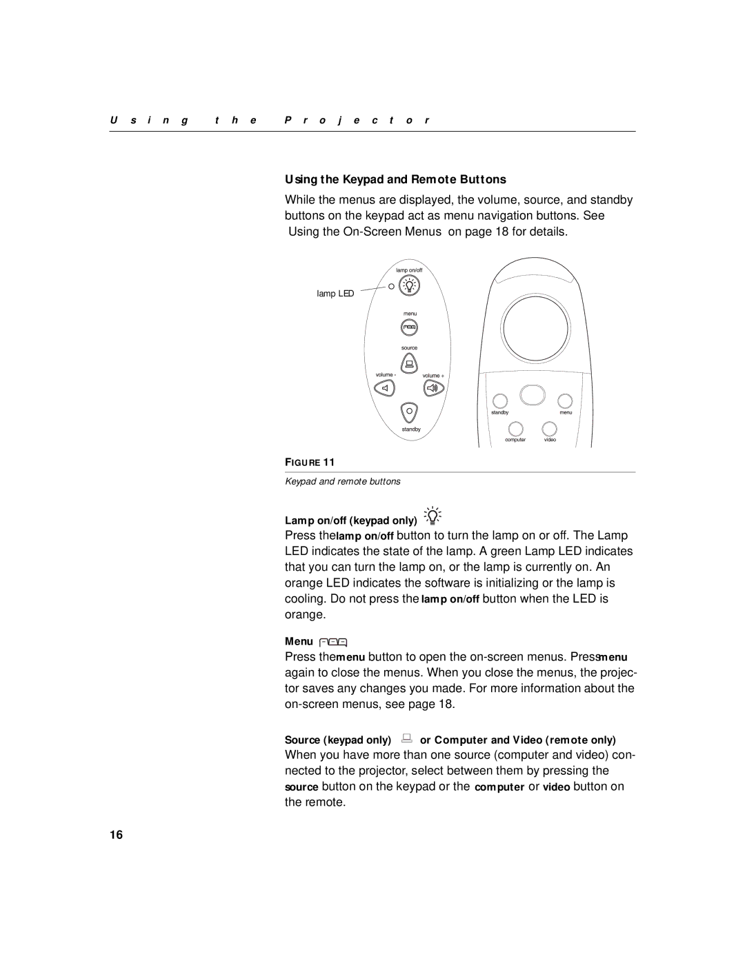 InFocus 330 manual Using the Keypad and Remote Buttons 