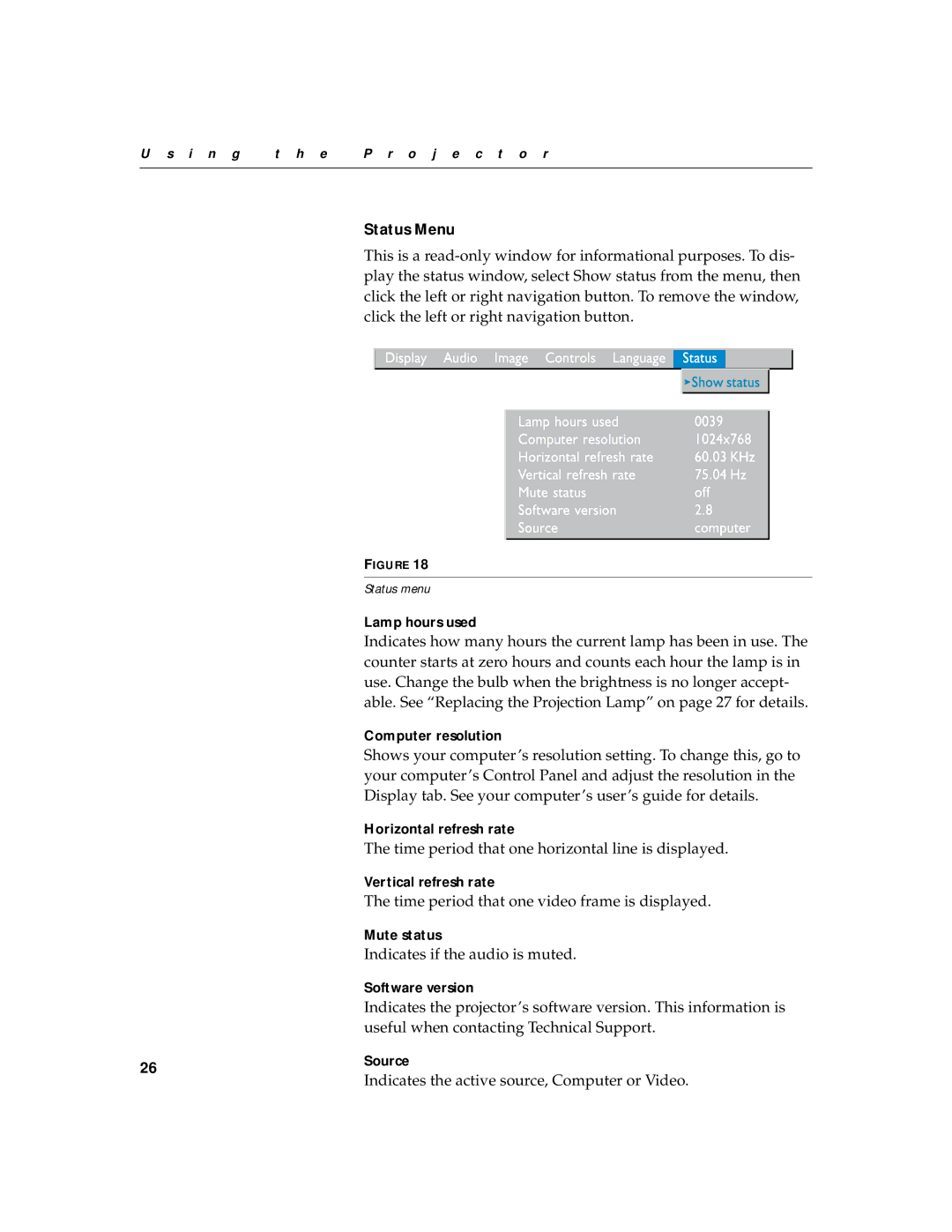 InFocus 330 manual Status Menu 