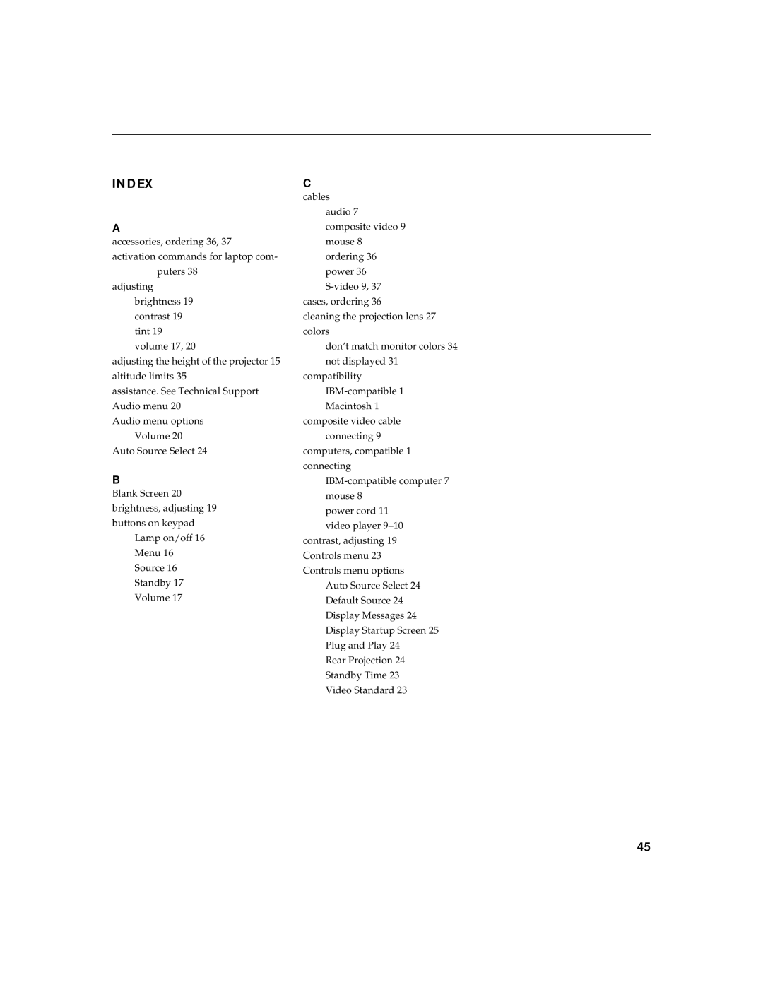 InFocus 330 manual Index 