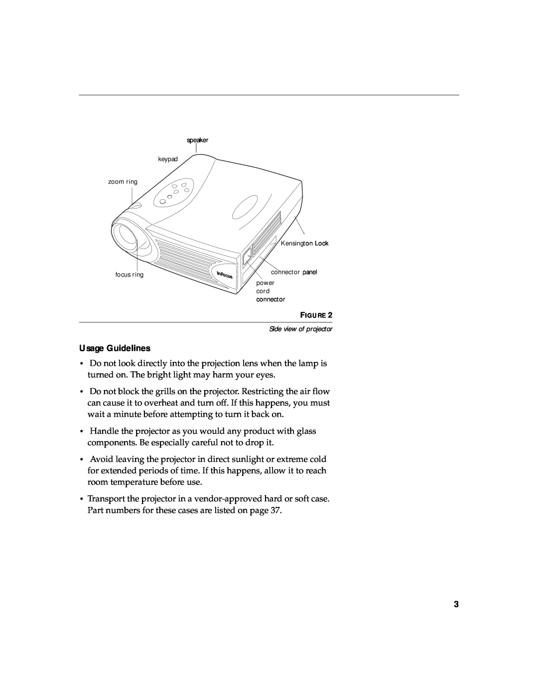 InFocus 330 manual Usage Guidelines, Side view of projector 
