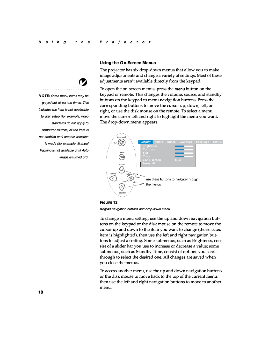InFocus 330 manual Using the On-Screen Menus, Keypad navigation buttons and drop-down menu 