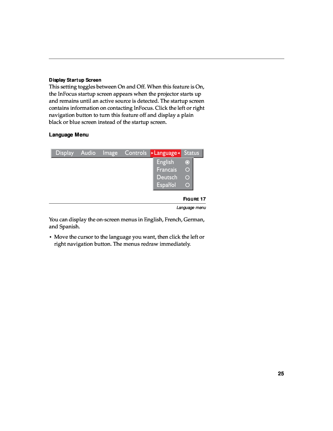 InFocus 330 manual Language Menu, Display Startup Screen 