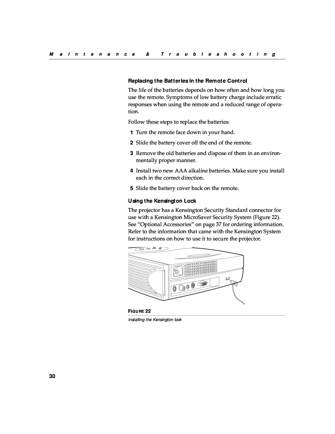 InFocus 330 manual Replacing the Batteries in the Remote Control, Using the Kensington Lock 