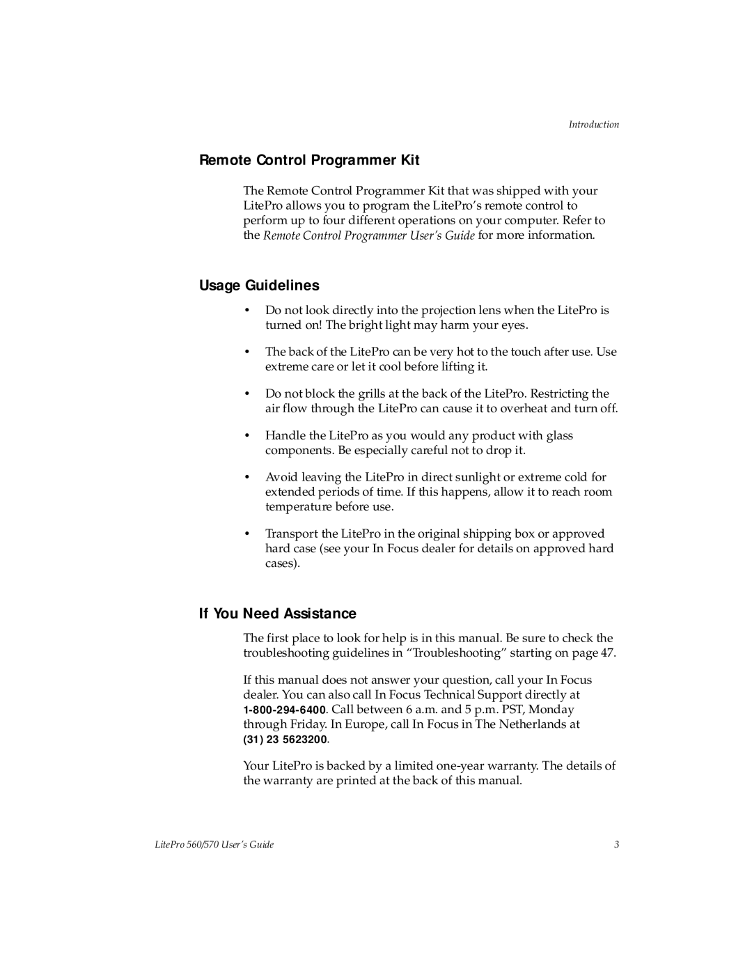 InFocus 570, 560 manual Remote Control Programmer Kit, Usage Guidelines, If You Need Assistance 