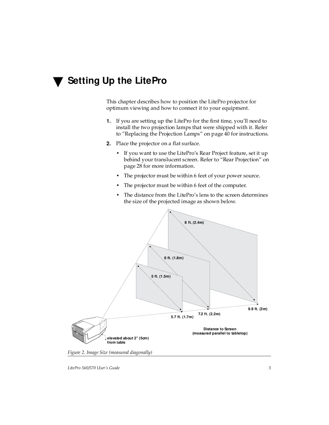 InFocus 560, 570 manual Setting Up the LitePro, Image Size measured diagonally 