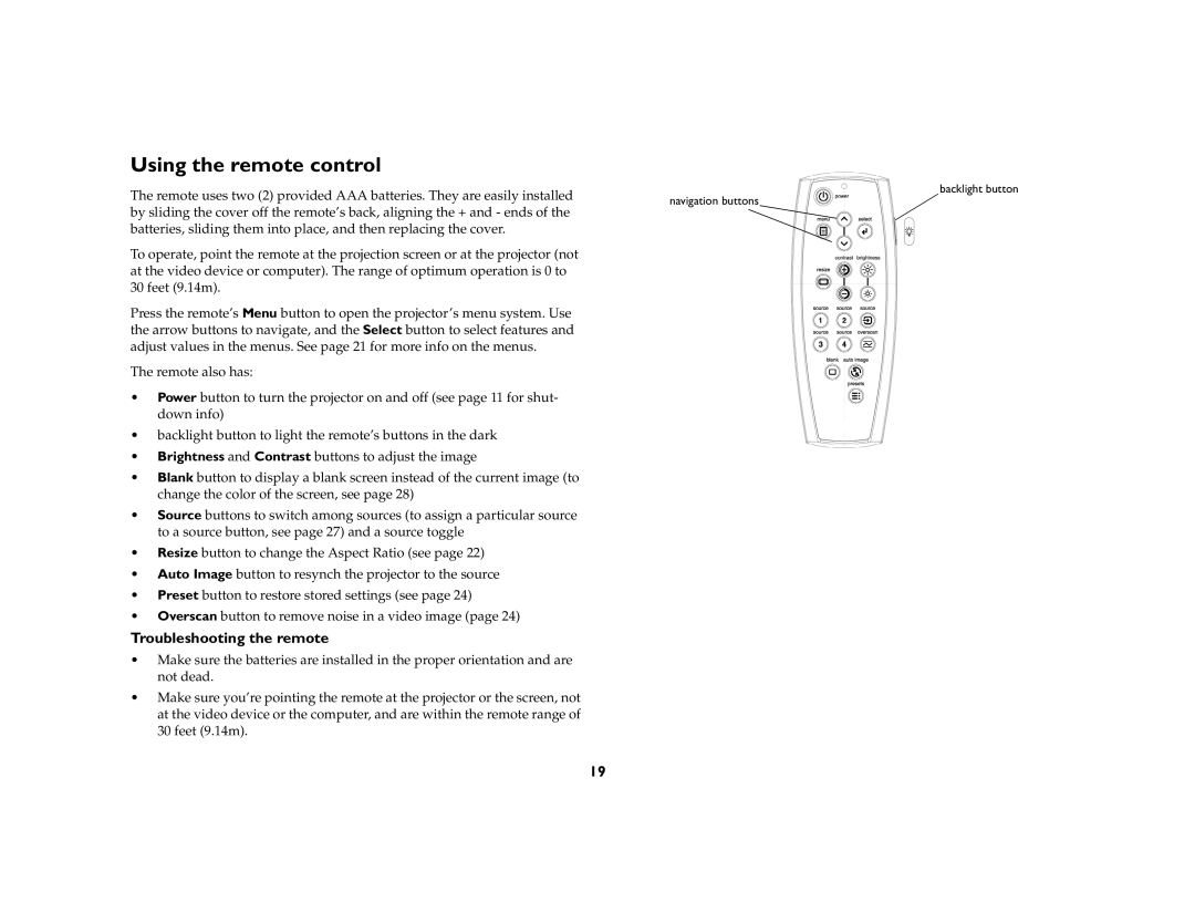 InFocus 5700 manual Using the remote control, Troubleshooting the remote 