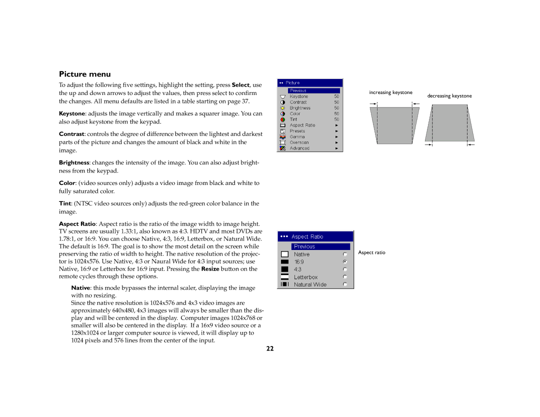 InFocus 5700 manual Picture menu 