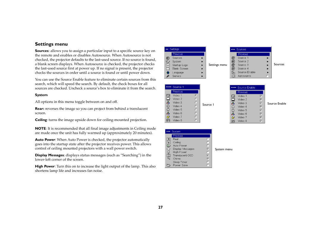 InFocus 5700 manual Settings menu, System 