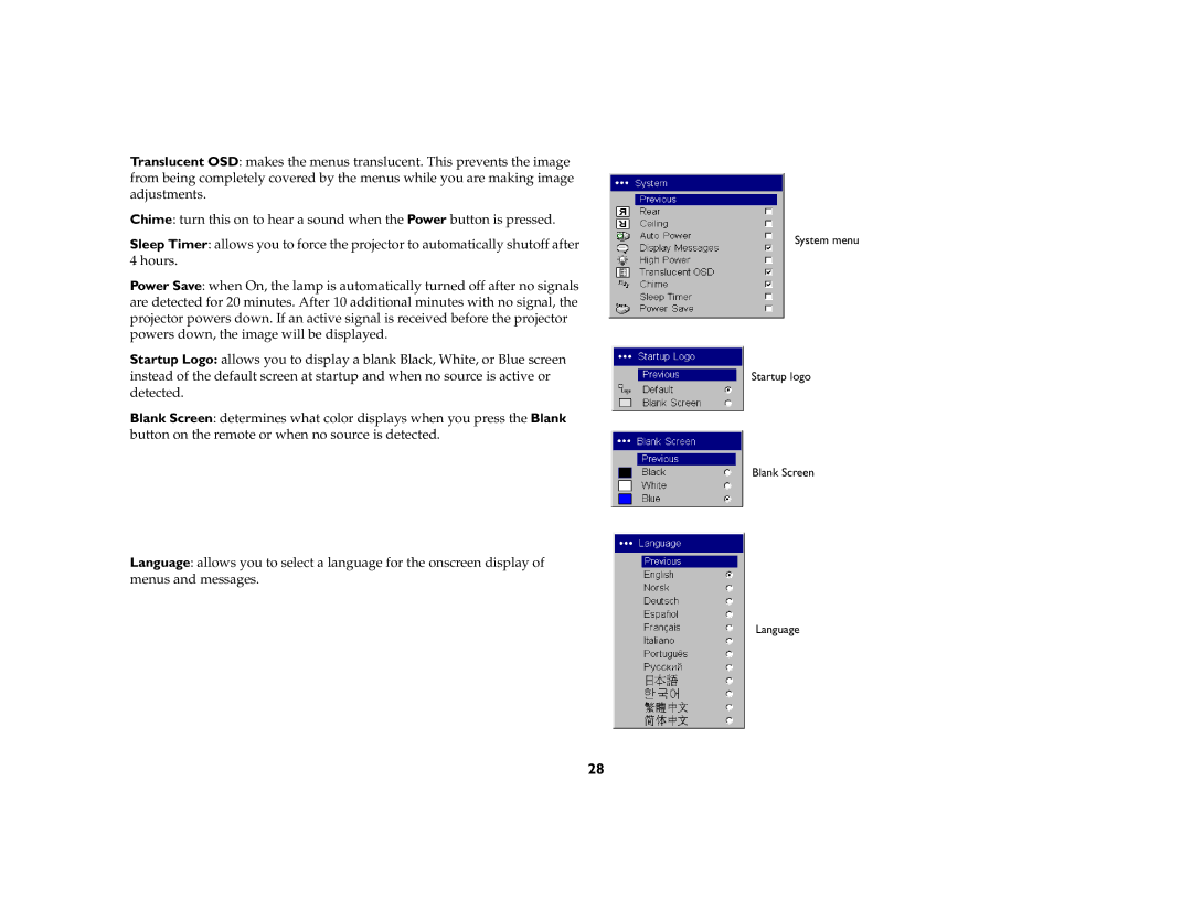 InFocus 5700 manual System menu Startup logo Blank Screen Language 