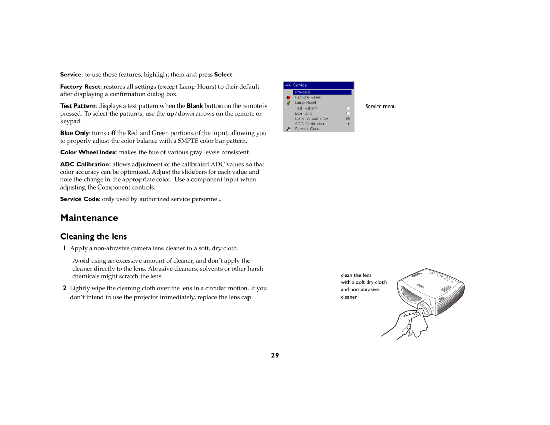 InFocus 5700 manual Maintenance, Cleaning the lens 