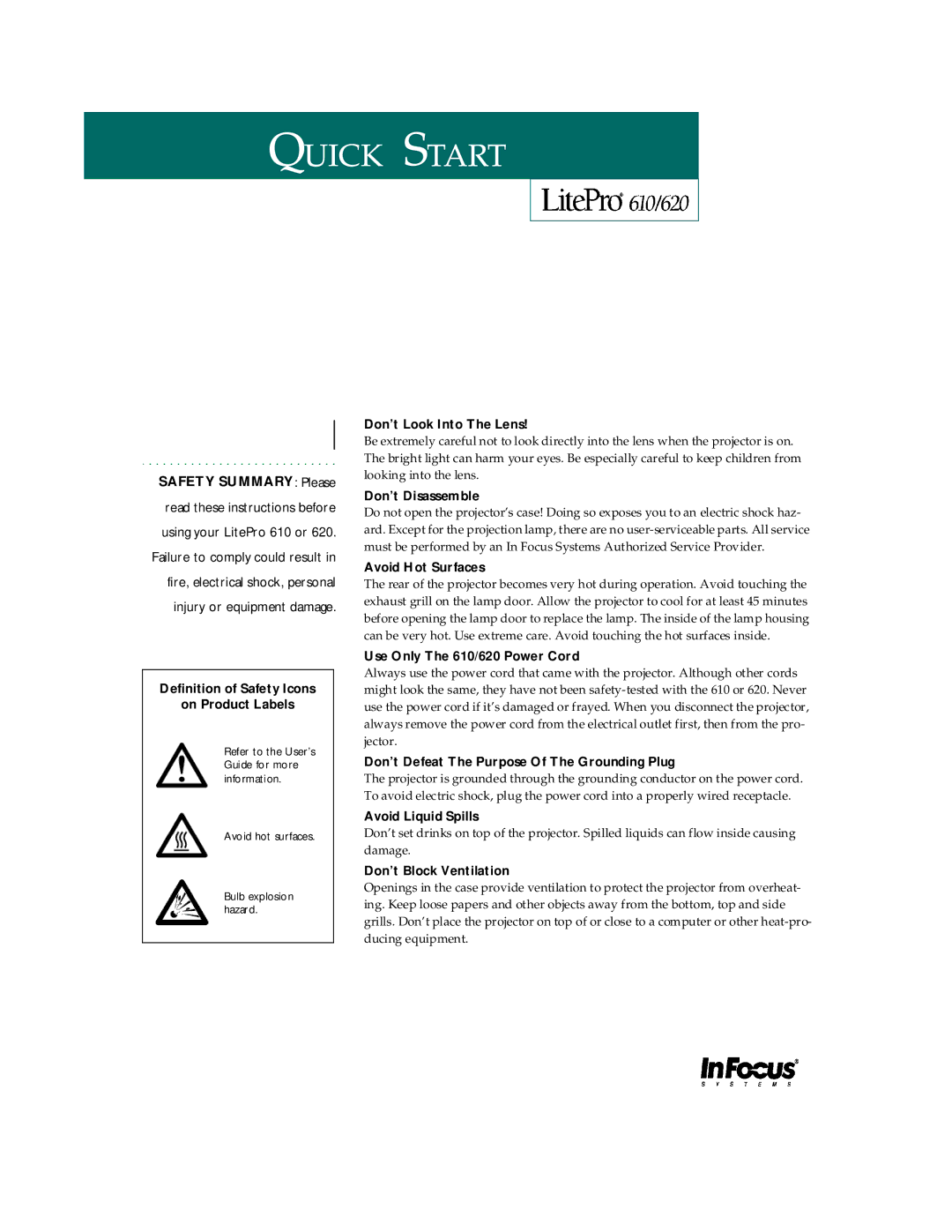 InFocus 610 Definition of Safety Icons On Product Labels, Don’t Look Into The Lens, Don’t Disassemble, Avoid Hot Surfaces 