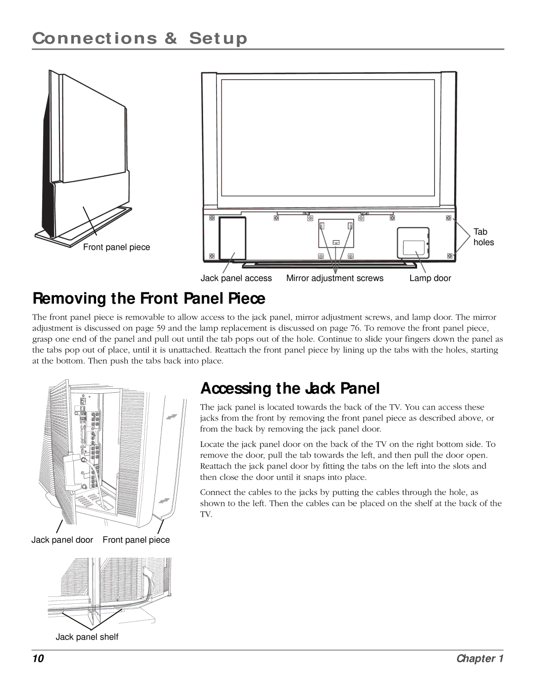 InFocus 61md10, 50md10 manual Removing the Front Panel Piece, Accessing the Jack Panel 