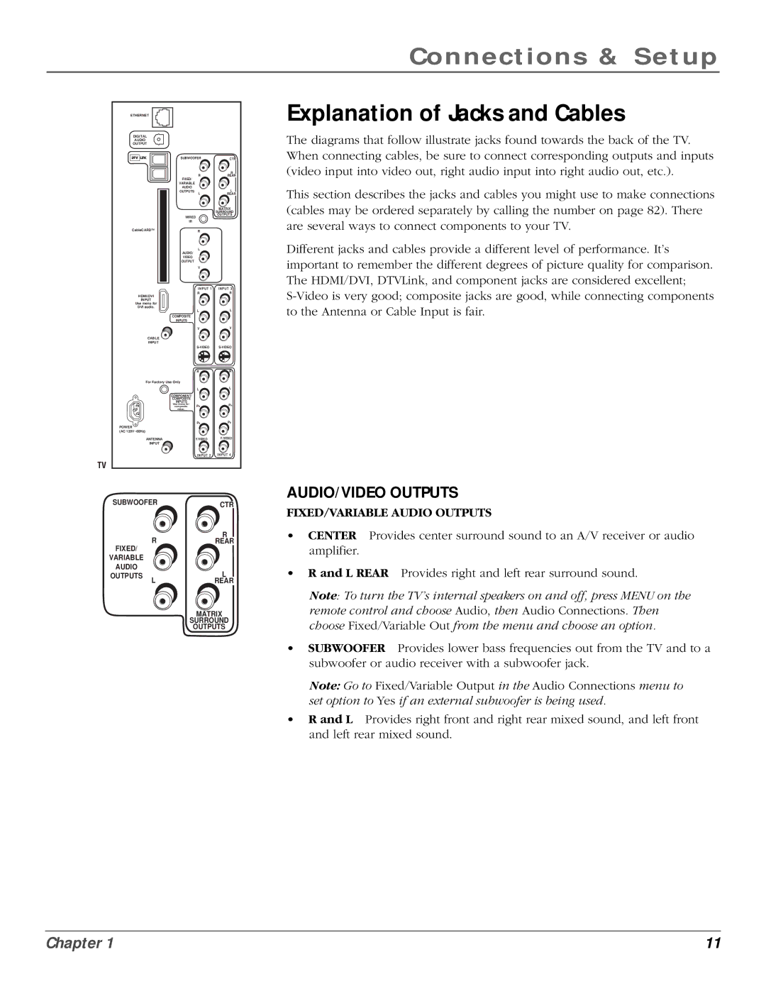 InFocus 50md10, 61md10 manual Explanation of Jacks and Cables, AUDIO/VIDEO Outputs 