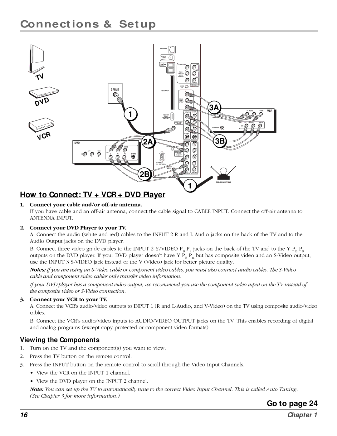 InFocus 61md10, 50md10 manual How to Connect TV + VCR + DVD Player, Go to, Viewing the Components 