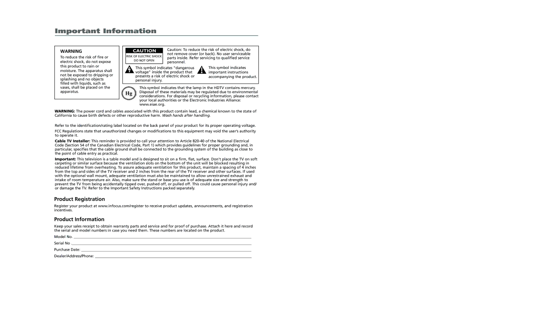 InFocus 61md10, 50md10 manual Important Information, Product Registration Product Information 