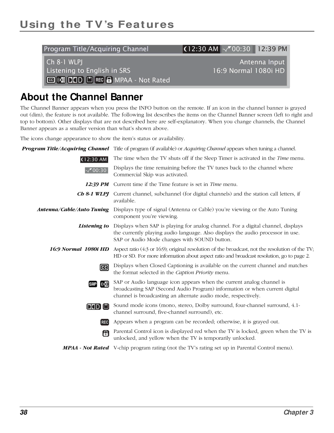 InFocus 61md10, 50md10 manual Using the TV’s Features, About the Channel Banner 