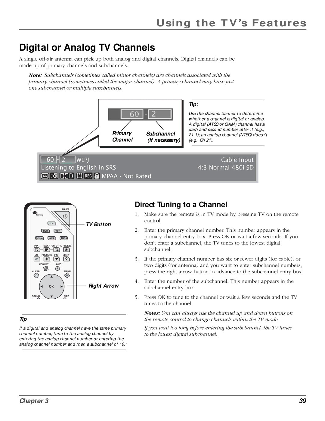 InFocus 50md10, 61md10 manual Digital or Analog TV Channels, Direct Tuning to a Channel 